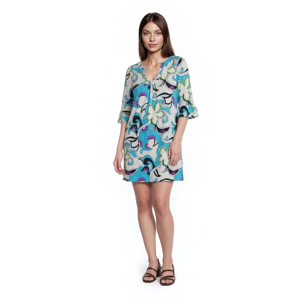 Jude Connally Dress Women's Size Large‎ Blue Green Floral Ruffle Shift Retro